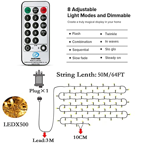 String Lights Mains Powered, 53M/174ft 500LED Fairy Lights Plug in, 8 Modes Remote Control Garden Lights Waterproof, Indoor/Outdoor for Bedroom,Gazebo,Wedding,Party,Christmas Decorations(Warm White)