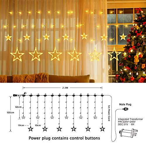 GYLEFY Christmas Window Lights, 12 Stars 138 LED Star Curtain Lights with 8 Flashing Modes, Indoor/Outdoor Waterproof Xmas Fairy Lights for Christmas, Wedding, Party, Bedroom Decorations (Warm White)