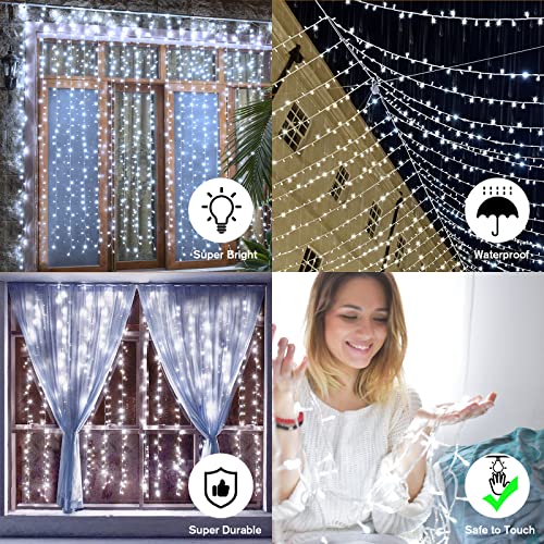 Ollny Curtain Fairy Lights Plug-in, 3m x 3m 300 LED Curtain Lights Indoor Outdoor, (Cool White)