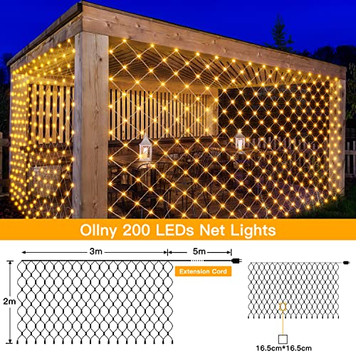 Ollny Christmas Net Lights Outdoor Decorations - 200 LED 3m x 2m Fairy Lights Plug-in Waterproof String Lights with 8 Light Modes/Timer/Remote - for Xmas Tree/Indoor/Outside/Curtain/Window/Garden