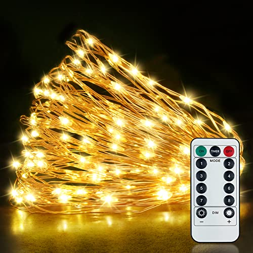 Gritin Christmas Lights Fairy Lights, 15M/49ft 150 LED String Lights Outdoor/Indoor Decorations, 8 Modes Remote Control, USB Plug in Powered Pure Copper Garden Lights for Xmas, Party - Warm Yellow