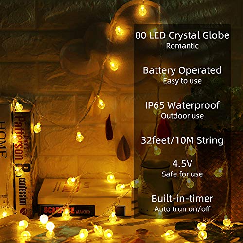 Ulanox Globe String Lights Fairy Lights Battery Operated 32ft 80LED String Lights with Remote Waterproof Indoor Outdoor Hanging Lights Decorative Christmas Lights for Home Party Patio Garden Wedding