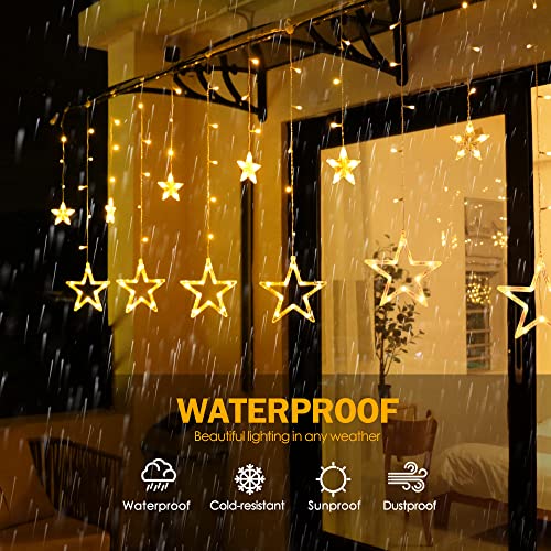 GYLEFY Christmas Window Lights, 12 Stars 138 LED Star Curtain Lights with 8 Flashing Modes, Indoor/Outdoor Waterproof Xmas Fairy Lights for Christmas, Wedding, Party, Bedroom Decorations (Warm White)