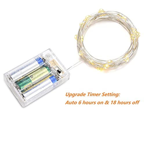 Fairy Light Battery Operated 2Pack LED Lights with Timer Setting Warm White String Lights, 2M 2Pack Silver Wire Starry Lighting, for Bedroom, Indoor, Christmas Tree, Wedding Decor Idea Put in Jars