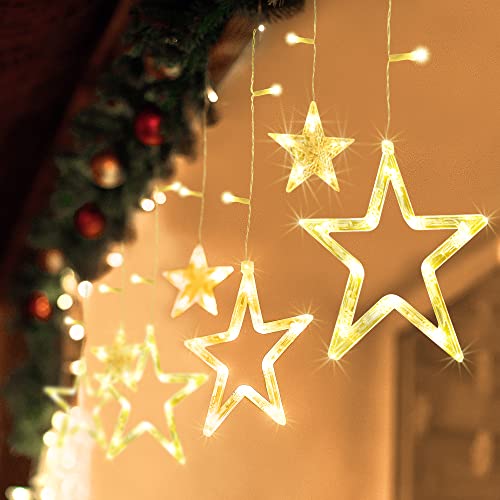 GYLEFY Christmas Window Lights, 12 Stars 138 LED Star Curtain Lights with 8 Flashing Modes, Indoor/Outdoor Waterproof Xmas Fairy Lights for Christmas, Wedding, Party, Bedroom Decorations (Warm White)