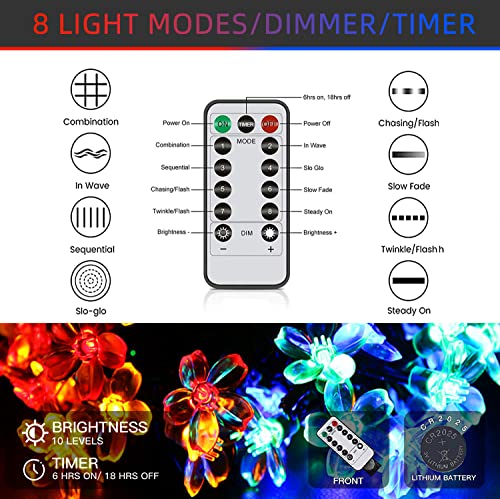 Fairy Lights Battery Operated 88 LEDs 9M Cherry Blossom String Lights Christmas Decorations Waterproof Flower Lights for Indoor Bedroom Xmas Tree Outdoor Yard Garden Decor Christmas Party Living Room