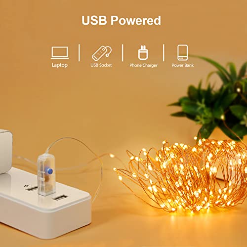 Gritin Christmas Lights Fairy Lights, 15M/49ft 150 LED String Lights Outdoor/Indoor Decorations, 8 Modes Remote Control, USB Plug in Powered Pure Copper Garden Lights for Xmas, Party - Warm Yellow