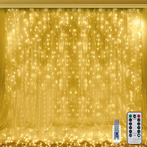 Ollny Curtain Lights Indoor - 300 LED 3m x 3m Outdoor Fairy Lights USB Powered Waterproof Warm White String Lights with 8 Modes/Timer/Remote for Bedroom/Outside/Wall/Door/Gazebo/Garden Decorations