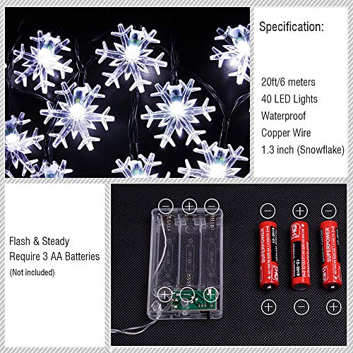 LED String Lights Christmas Snowflake Lights Battery Operated Waterproof 20ft, 40 LED Lights for Bedroom, Corridor, Patio, Garden, Yard, Photo Frame (White)