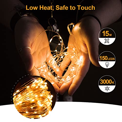 Gritin Christmas Lights Fairy Lights, 15M/49ft 150 LED String Lights Outdoor/Indoor Decorations, 8 Modes Remote Control, USB Plug in Powered Pure Copper Garden Lights for Xmas, Party - Warm Yellow