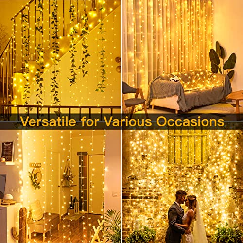 Ollny Curtain Lights Indoor - 300 LED 3m x 3m Outdoor Fairy Lights USB Powered Waterproof Warm White String Lights with 8 Modes/Timer/Remote for Bedroom/Outside/Wall/Door/Gazebo/Garden Decorations