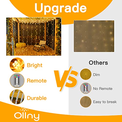 Ollny Curtain Lights Indoor - 300 LED 3m x 3m Outdoor Fairy Lights USB Powered Waterproof Warm White String Lights with 8 Modes/Timer/Remote for Bedroom/Outside/Wall/Door/Gazebo/Garden Decorations