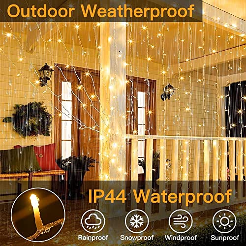 Ollny Curtain Lights Indoor - 300 LED 3m x 3m Outdoor Fairy Lights USB Powered Waterproof Warm White String Lights with 8 Modes/Timer/Remote for Bedroom/Outside/Wall/Door/Gazebo/Garden Decorations