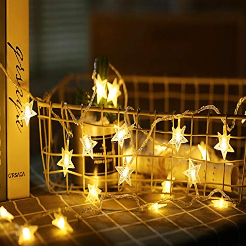 Star Fairy Lights, 6M 40Pcs LED Battery Powered String Lights, Two Mode Monochrom and Shining Decoration Lightning for Christmas Wedding Birthday Valentine Party Bedroom Indoor&Outdoor (Warm White)