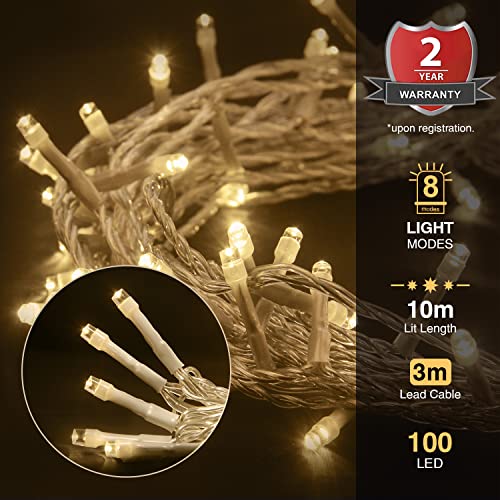 ANSIO® Christmas Lights 100 LED 10m/32ft Christmas Tree Lights for Indoor & Outdoor Warm White Decorations Fairy String Lights for Xmas Garden Bedroom & Party | Mains Powered Clear Cable