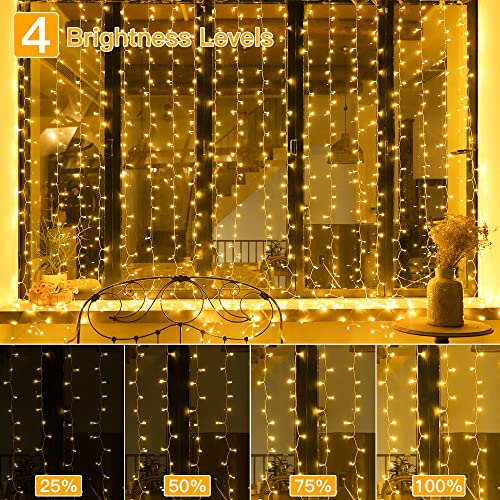 Ollny Curtain Lights Indoor - 300 LED 3m x 3m Outdoor Fairy Lights USB Powered Waterproof Warm White String Lights with 8 Modes/Timer/Remote for Bedroom/Outside/Wall/Door/Gazebo/Garden Decorations