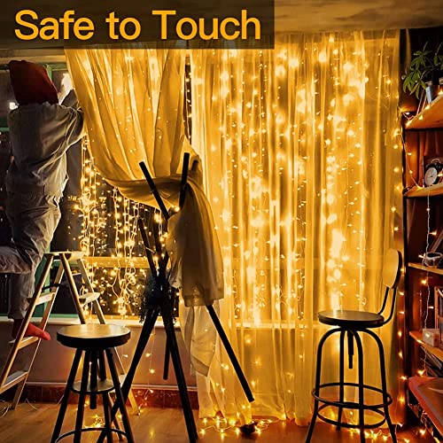 Ollny Curtain Lights Indoor - 300 LED 3m x 3m Outdoor Fairy Lights USB Powered Waterproof Warm White String Lights with 8 Modes/Timer/Remote for Bedroom/Outside/Wall/Door/Gazebo/Garden Decorations