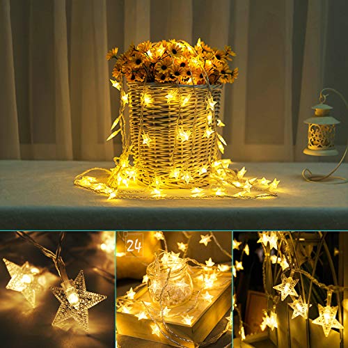 Star Fairy Lights, 6M 40Pcs LED Battery Powered String Lights, Two Mode Monochrom and Shining Decoration Lightning for Christmas Wedding Birthday Valentine Party Bedroom Indoor&Outdoor (Warm White)