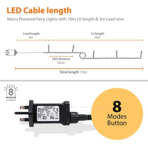 ANSIO® Christmas Lights 100 LED 10m/32ft Christmas Tree Lights for Indoor & Outdoor Warm White Decorations Fairy String Lights for Xmas Garden Bedroom & Party | Mains Powered Clear Cable