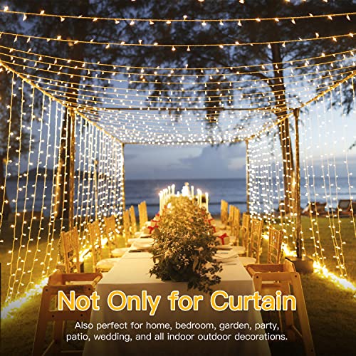 Ollny Curtain Lights Indoor - 300 LED 3m x 3m Outdoor Fairy Lights USB Powered Waterproof Warm White String Lights with 8 Modes/Timer/Remote for Bedroom/Outside/Wall/Door/Gazebo/Garden Decorations