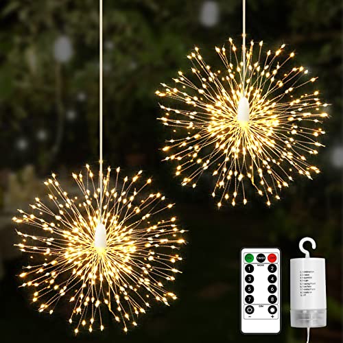 2Pack Firework Lights,200LED Christmas Hanging Fairy Lights with 8 Modes,DIY Starburst String Lights with Remote Timer for Indoor Outdoor Garden Party Tree Decoration(Warm White)