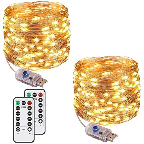 [2 Pack] Fairy String Lights, 120LED 12M/40Ft 8 Modes USB Plug in Powered Lights Waterproof Outdoor/Indoor Copper String Lights with Remote Timer for Bedroom, Party, Wedding, Christmas (Warm White)