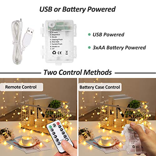 Zorela Globe String Lights, 15M/49ft 100 LED Fairy Lights USB or Battery Powered, 8 Modes Christmas Lights Outdoor Indoor with Remote & Timer for Home, Balcony, Patio, Gazebo and Garden