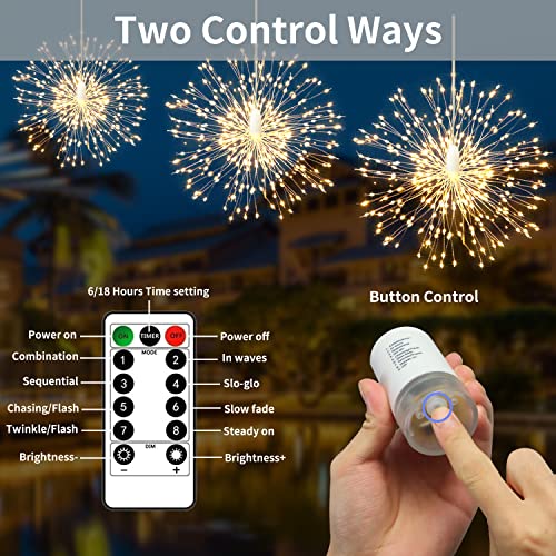 2Pack Firework Lights,200LED Christmas Hanging Fairy Lights with 8 Modes,DIY Starburst String Lights with Remote Timer for Indoor Outdoor Garden Party Tree Decoration(Warm White)