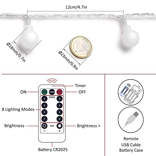 Zorela Globe String Lights, 15M/49ft 100 LED Fairy Lights USB or Battery Powered, 8 Modes Christmas Lights Outdoor Indoor with Remote & Timer for Home, Balcony, Patio, Gazebo and Garden