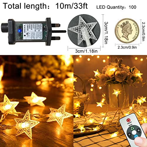 Plug in LED String Lights, Mains Powered 100 LED Star Christmas Lights with Remote Control 33 feet 8 Modes Fairy Lights for Girls Bedroom， Xmas Lights for Christmas Decoration Indoor Outdoor