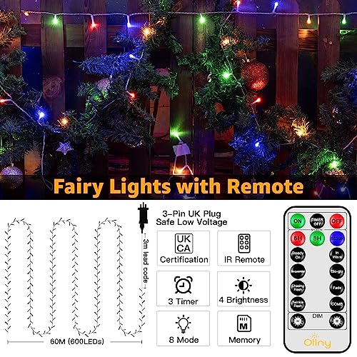 Ollny Fairy Lights Plug in - 60m 600 LED Fairy Lights Outdoor Waterproof, 8 Modes/Remote/Timer Bright Colour String Lights Mains Powered, Outside Indoor Garden Tree Wedding Party Decorations