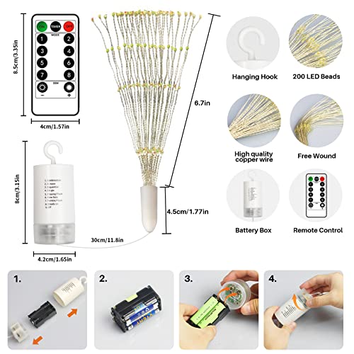 2Pack Firework Lights,200LED Christmas Hanging Fairy Lights with 8 Modes,DIY Starburst String Lights with Remote Timer for Indoor Outdoor Garden Party Tree Decoration(Warm White)