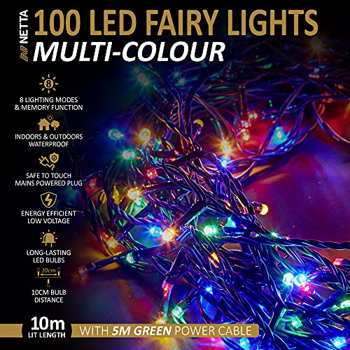 NETTA Christmas Tree Fairy Lights - 100 LED Multi-Colour with 8 Different Modes; for Outdoor & Indoor Use, Plug in Xmas Party Decorations - 100 LED/ 10M Lit-Length