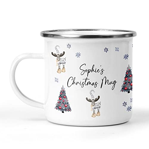 Personalised Christmas Mug, Custom Festive Design with Name, Hot Chocolate Enamel Mug, Christmas Eve Box Fillers, Gifts For Kids