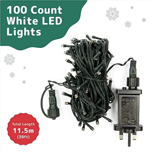 Prextex 100-Count LED Warm White Christmas Lights -11.5m Green Wire for Christmas Tree, Xmas Decorations, Bedrooms, Holiday, Party, Home, Indoor and Outdoor String Lights | Mains Powered with 8 Modes