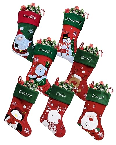 Personalised Family Christmas Stockings Custom Red and Green Embroidered Christmas Stocking w/ Name Satin Lining - Reindeer Red Cuff Choose Design Personalised Stocking Christmas Decorations Kids