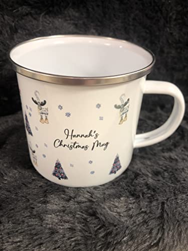 Personalised Christmas Mug, Custom Festive Design with Name, Hot Chocolate Enamel Mug, Christmas Eve Box Fillers, Gifts For Kids