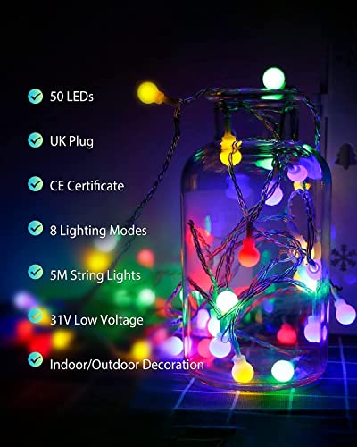 Globe String Lights Mains Powered, LEDYA 5M/16.4ft 50 LED Outdoor Fairy Lights, Waterproof IP44, 8 Modes, Memory Function, for Christmas Tree, Party, Terrace Decoration [Energy Class A+]