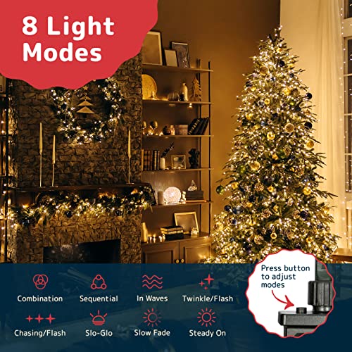 Prextex 100-Count LED Warm White Christmas Lights -11.5m Green Wire for Christmas Tree, Xmas Decorations, Bedrooms, Holiday, Party, Home, Indoor and Outdoor String Lights | Mains Powered with 8 Modes