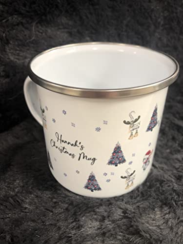 Personalised Christmas Mug, Custom Festive Design with Name, Hot Chocolate Enamel Mug, Christmas Eve Box Fillers, Gifts For Kids