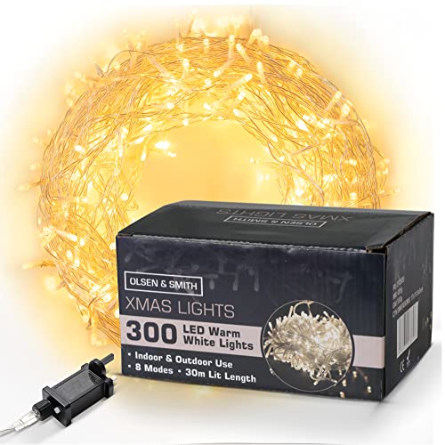 Olsen & Smith Christmas Decorations Fairy Lights 30m 98ft with 300 LEDs Xmas Warm White Indoor Fairy Lights for Living Room Hallway Conservatory 8 Lighting Modes Mains Powered