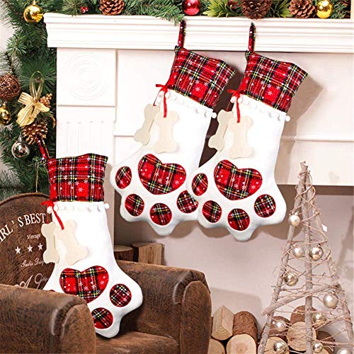 Mofun® Pet Dog Christmas Stockings with Paw, Christmas Decorations Sale Clearance, Plaid Hanging Christmas Dog Stocking for Christmas Decorations, 18 x 11inch