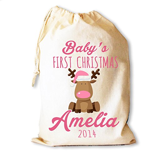 Personalised Baby First Christmas santa sack in pink cotton drawstring gift bag stocking by Cinnamon Bay