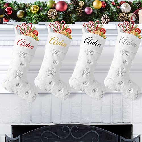 DecroXmas Personalised Christmas Stockings White Plush 4 Pack Silver and Gold Sequin Snowflake Embroidery Stockings Bulk Candy Bag for Fireplace