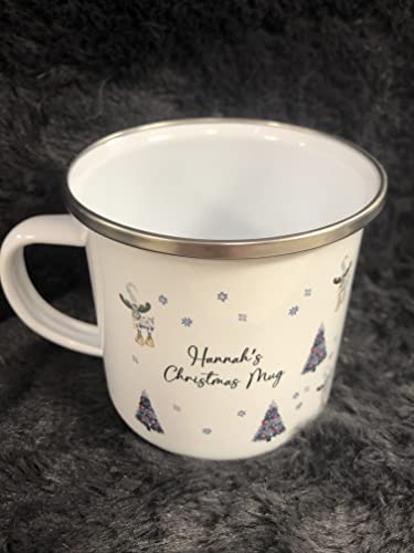 Personalised Christmas Mug, Custom Festive Design with Name, Hot Chocolate Enamel Mug, Christmas Eve Box Fillers, Gifts For Kids