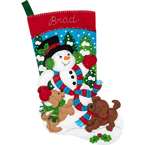 Bucilla 86900E Felt Applique Christmas Stocking Kit, Snowman and Puppies, 18"