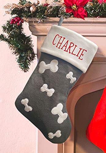 Personalised Christmas Deluxe Pet Dog Stocking - Grey Knitted bone design