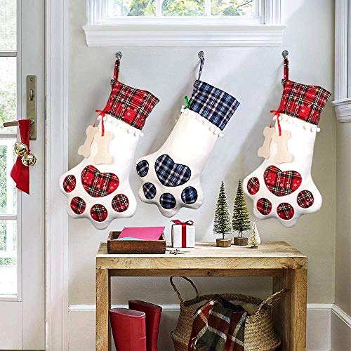 Mofun® Pet Dog Christmas Stockings with Paw, Christmas Decorations Sale Clearance, Plaid Hanging Christmas Dog Stocking for Christmas Decorations, 18 x 11inch