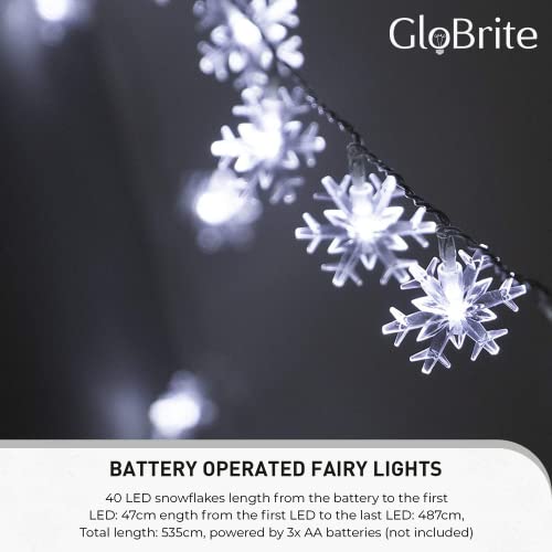 GloBrite 40 LEDs Snowflake Lights | Battery Operated Fairy Lights with 2 Lighting Modes | Christmas Decorations LED Lights Fairy Lights for Bedroom | String Lights Home Decor and Christmas Gifts