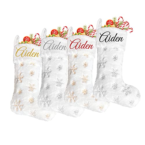 DecroXmas Personalised Christmas Stockings White Plush 4 Pack Silver and Gold Sequin Snowflake Embroidery Stockings Bulk Candy Bag for Fireplace